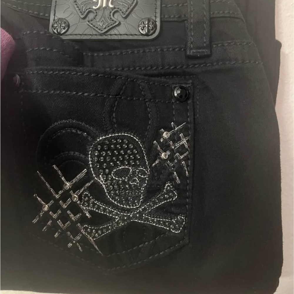Miss Me Black Boot Cut Jeans with Silver Skull Design - Picture 2 of 3